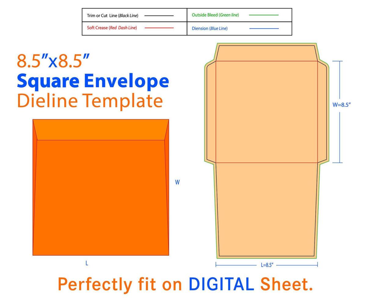 Square Envelope W 8.5, L 8.5 Inches Dieline Template vector