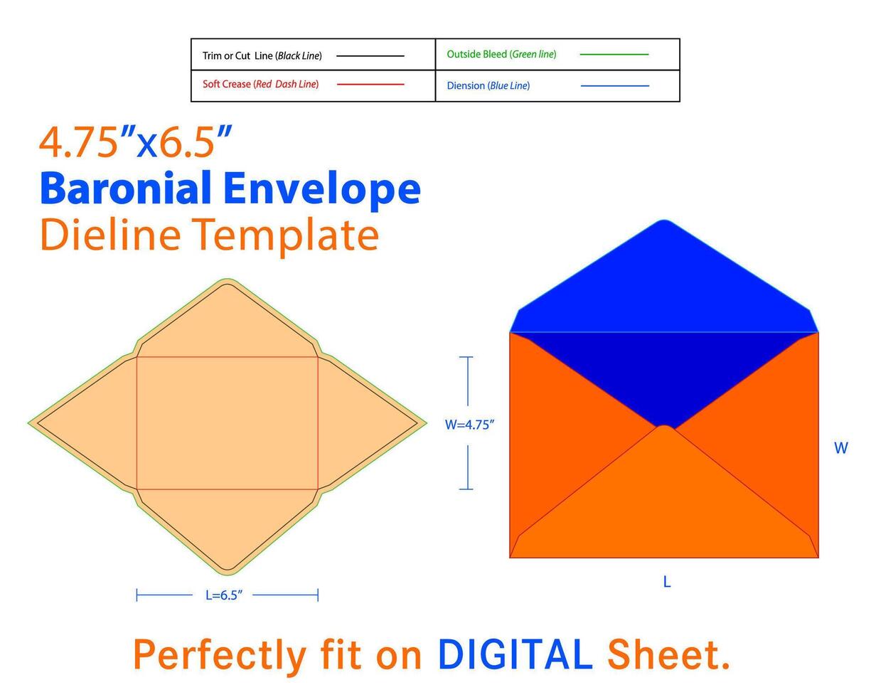 Baronial Envelope W 4.75, L 6.5 Inches Dieline Template vector