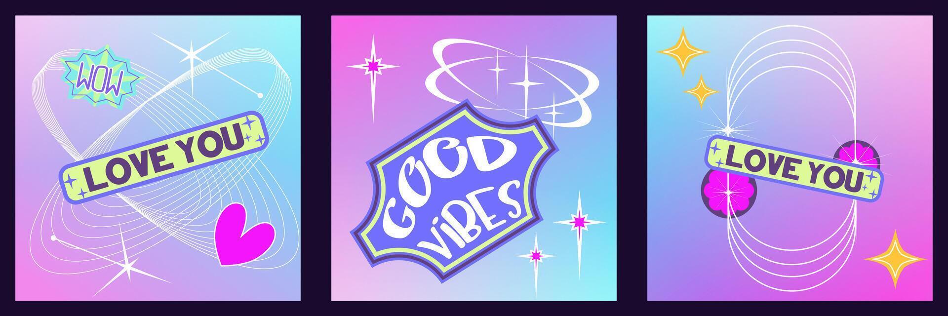 Y2K template with stickers and gradient. 90s retro design with stickers and frame. Trendy aesthetic border with heart and shape. Flat illustration vector