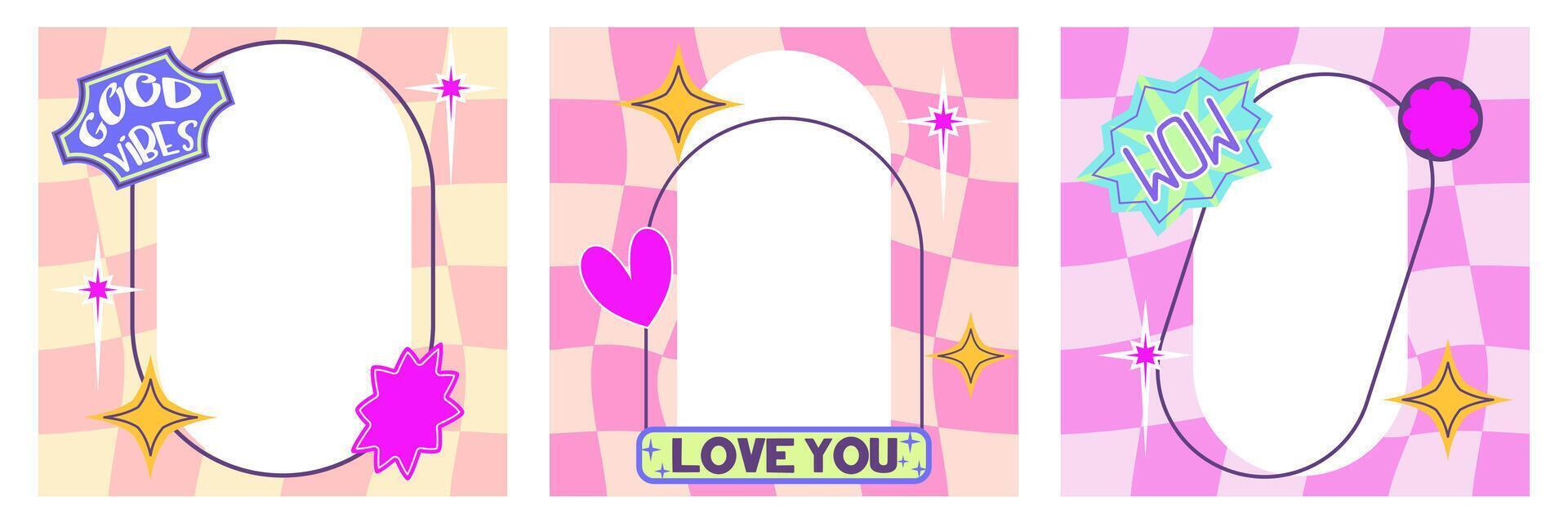 Y2K template with frame and chekerboard. 90s retro design with stickers and frame. Trendy aesthetic border with heart and shape. Flat illustration vector