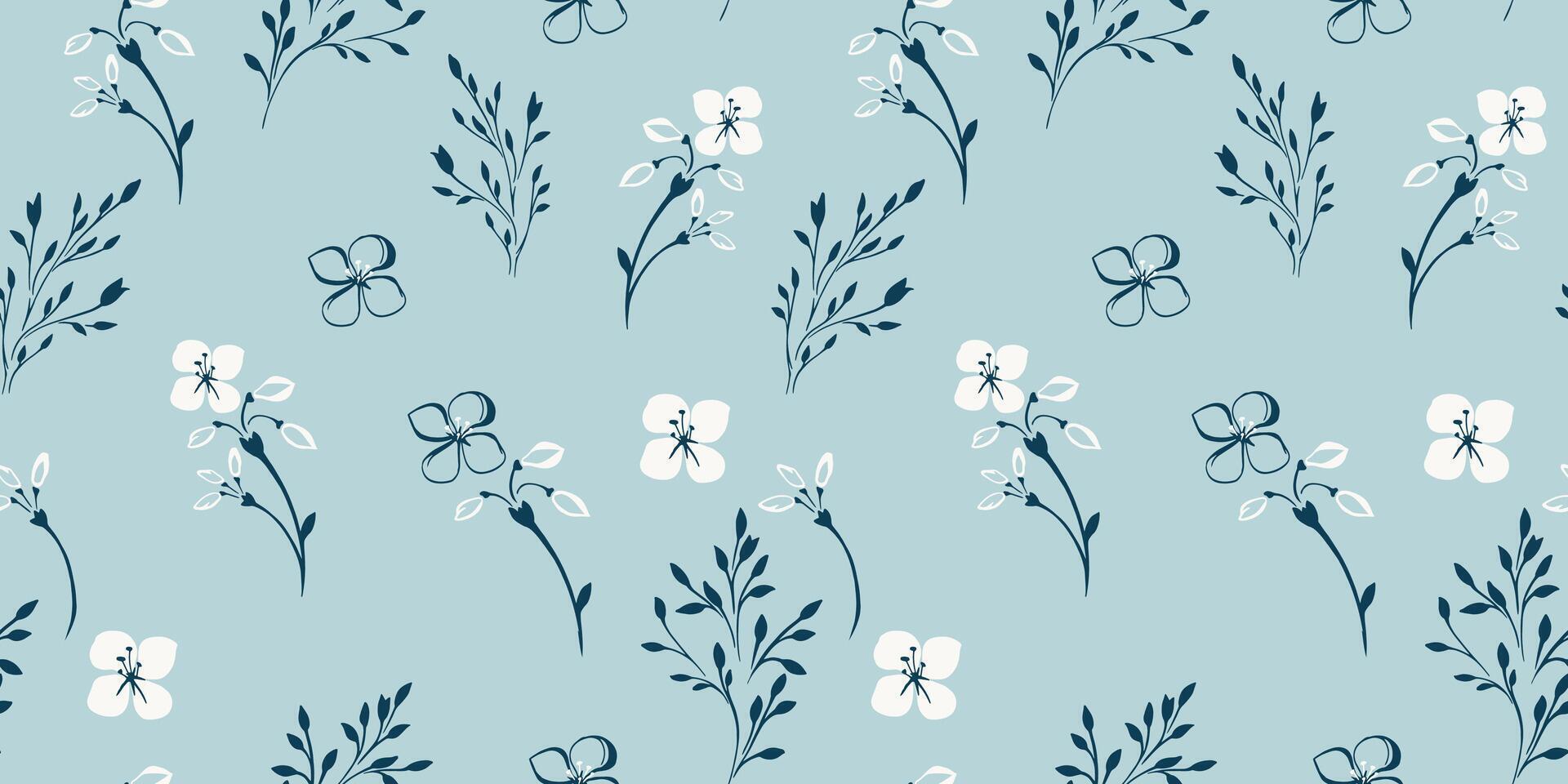 Minty seamless pattern with shapes branches and small ditsy flowers. hand drawn sketch. Abstract simple pastel printing with tiny floral stems. Template for designs, textile, fabric vector
