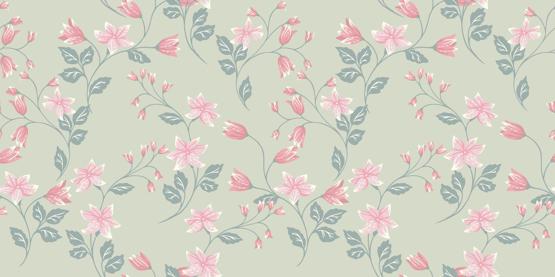 Pastel mint seamless pattern with branches tiny flowers bells, small leaves. hand drawn illustration. Artistic, abstract wild floral stems printing. Template for design vector