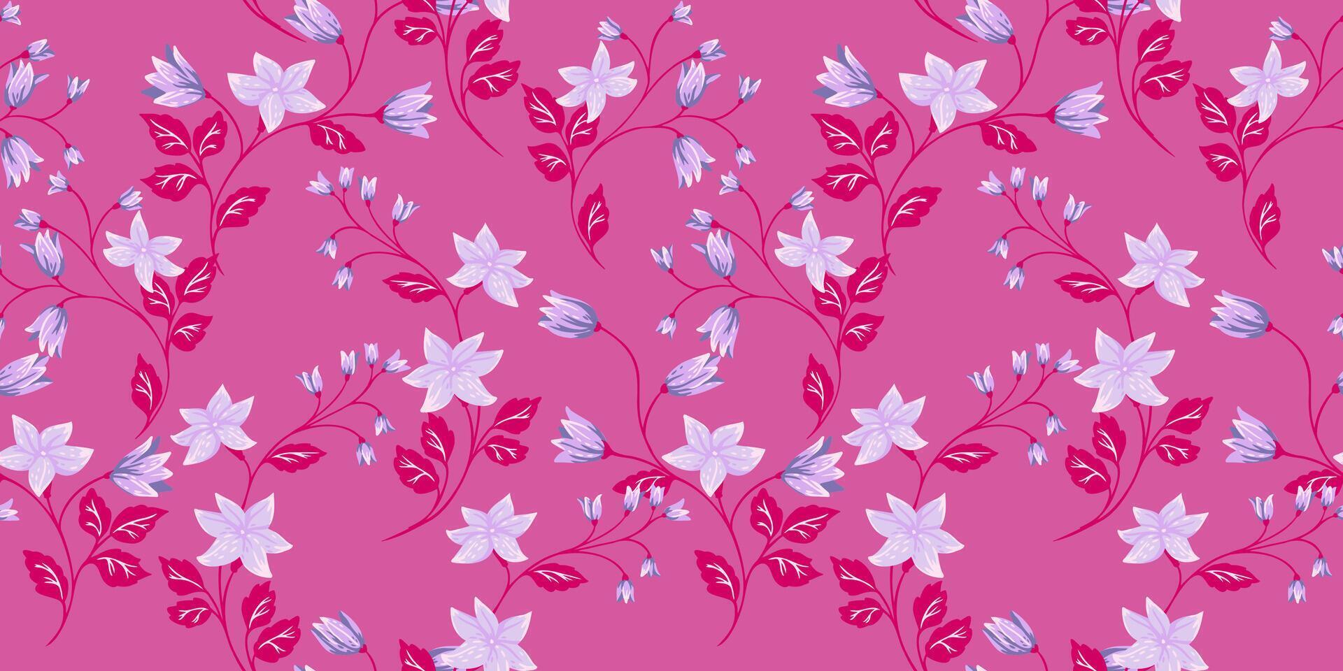 Pink wild blooming wild meadow seamless pattern. Abstract artistic floral stems intertwined in a patterned printing. hand drawn tiny flowers bells, small leaves, buds. Template for designs vector