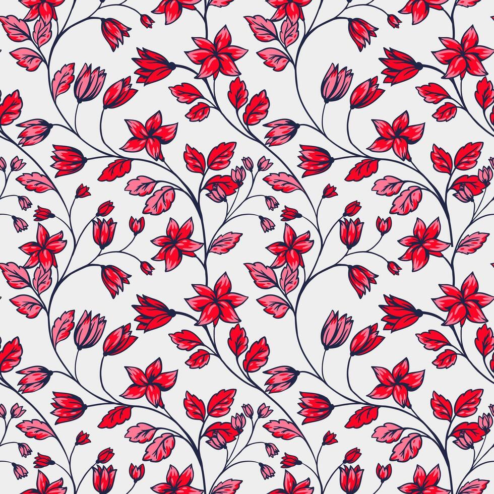 Creative wild plants intertwined in a seamless pattern. hand drawn. Abstract artistic branches with tiny ditsy red flowers and pink leaves, buds printing on a white background. vector