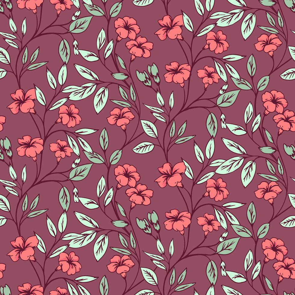 Brown seamless pattern with abstract artistic wild floral stems. Colored branches with ditsy flowers, leaves printing. hand drawn. Template for designs vector