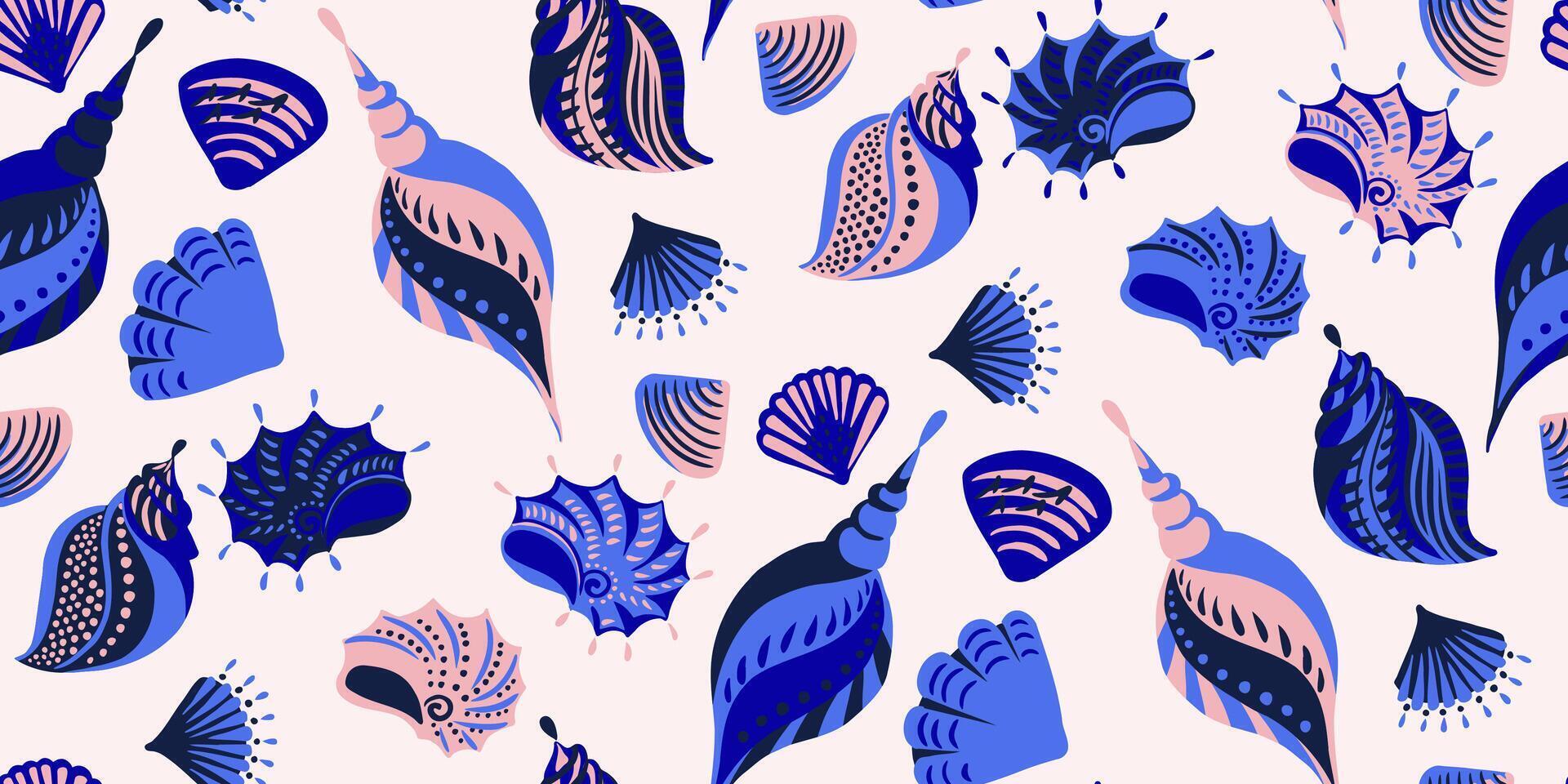 Seamless pattern with tropical summer ocean shell. hand drawn sketch. Abstract, artistic, blue sea shells on a white background. Template for designs, textile, notebook cover, wrapping paper vector