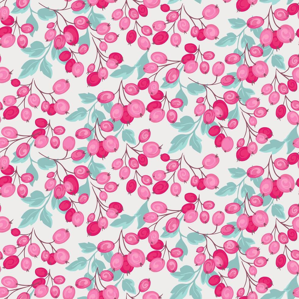 Abstract artistic branches with pink shapes berries, leaves seamless pattern. Botanical creative juniper, boxwood, viburnum, barberry illustration printing. hand drawn. Collage for designs, vector