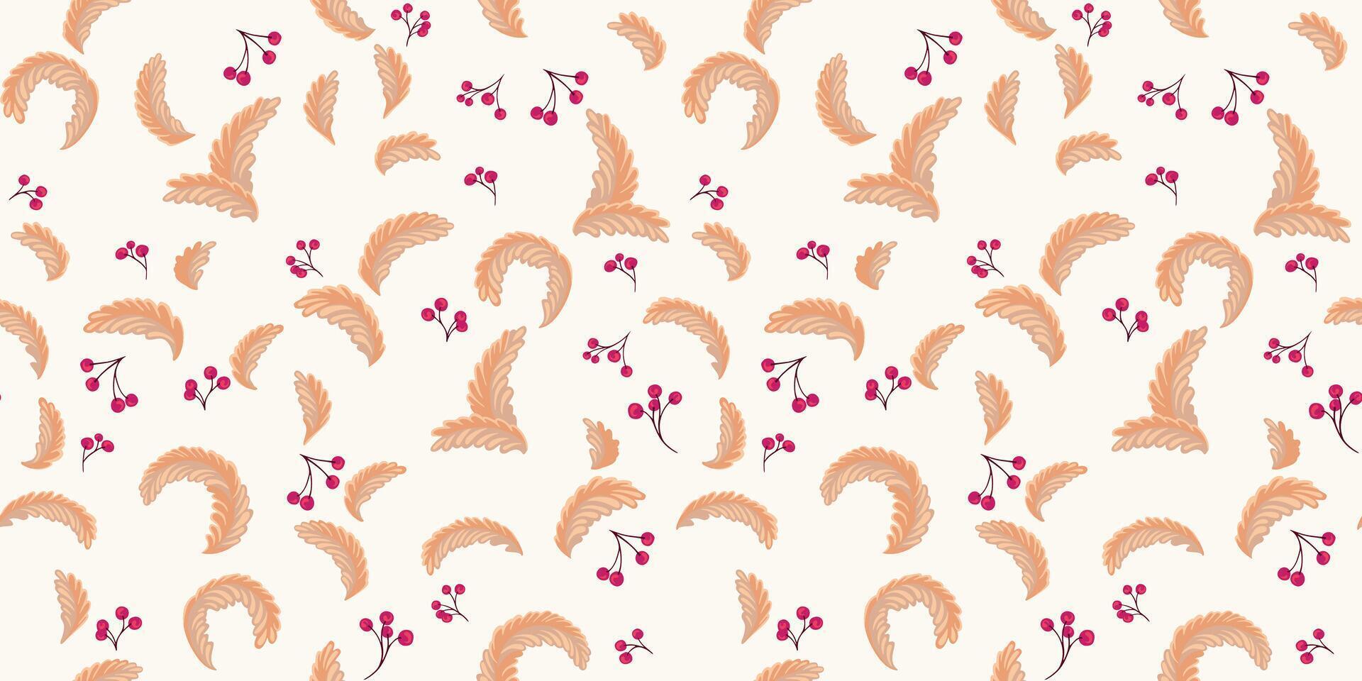 Seamless pattern of creative forms leaves monogram and abstract tiny branches berries. hand drawn. Ornament decorative floral light patterned. Collage template for printing, textile vector