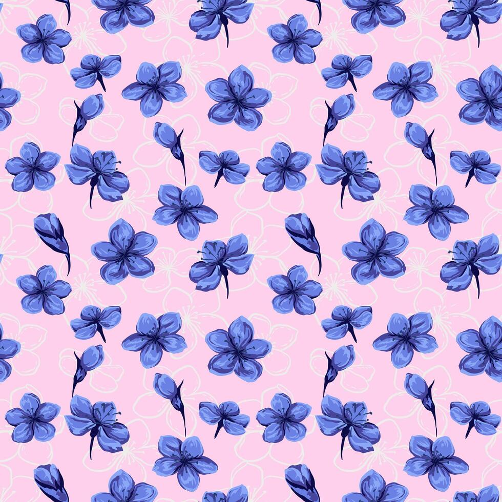 Abstract artistic blue flowers and buds seamless pattern on a pink background. hand drawn illustration. Colorful blossoms wild floral printing. Template for designs, textiles, fabric vector