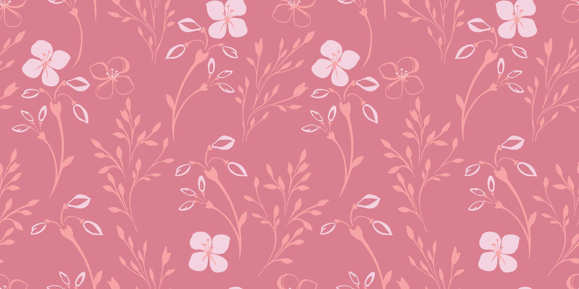 Pastel pink seamless pattern with abstract tiny floral stems. hand drawn sketch. Minimalist simple ditsy flowers, leaves, buds patterned. Template for designs, textile, paper, cover, fabric vector