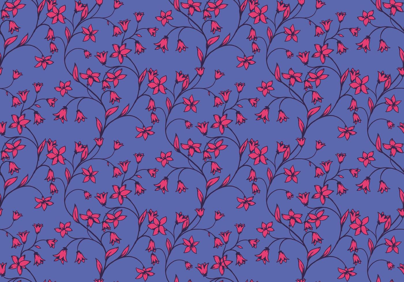 Abstract artistic branches with tiny flowers, bells, small leaves intertwined in a seamless pattern. hand drawing. Creative curved wild floral stems printing on a blue background. vector