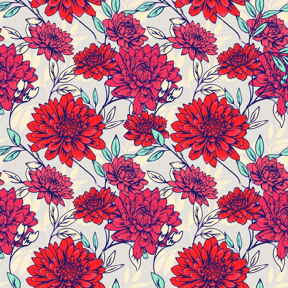 floreciente rojo grande flores y ramas hojas sin costura modelo. mano dibujo. resumen artístico crisantemo dalia peonías impresión. modelo para diseños, textil, moda, imprimir, vector