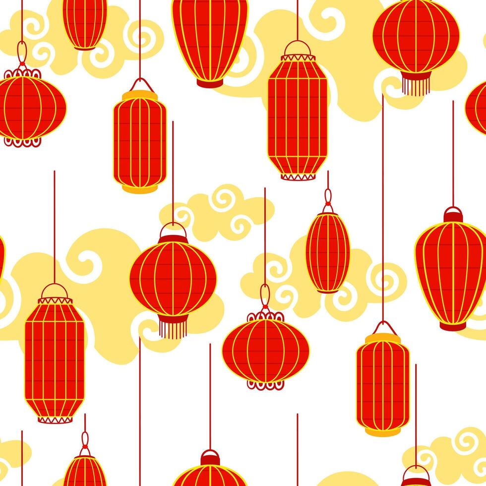 Pattern is Chinese red paper lanterns of different shapes with tassels on a background of delicate clouds, cultural richness and festive atmosphere. A festive festival. Moon Festival. Seamless texture vector