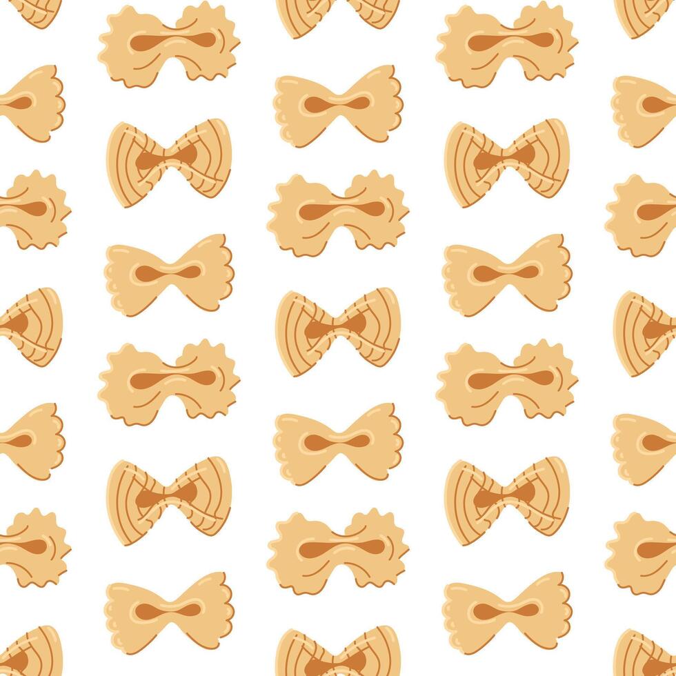 Pattern of pasta bows, which is ideal for culinary themed decorations inspired by Italian cuisine. Seamless texture of several variants of Italian types of flour pasta. Objects on a white background vector