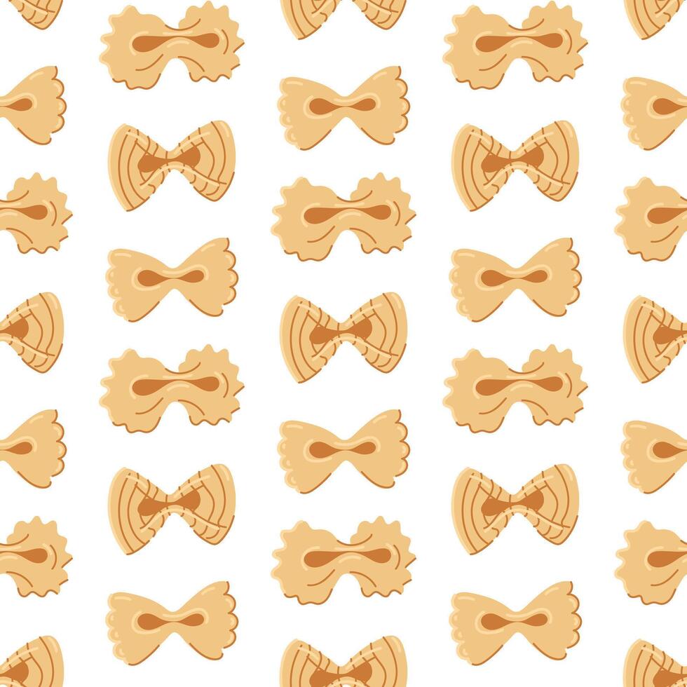 Pattern of pasta bows, which is ideal for culinary themed decorations inspired by Italian cuisine. Seamless texture of several variants of Italian types of flour pasta. Objects on a white background vector