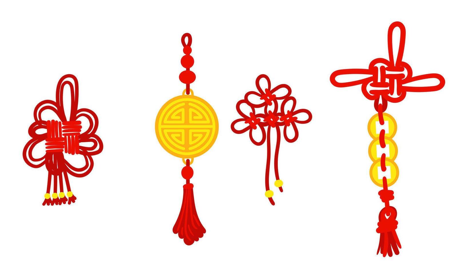 Set of red threads tied in Chinese knots for good luck, symbolizing good luck and prosperity. Red threads, knots, gold coins, an amulet. Materials in the traditional Asian style decoration in cultural vector