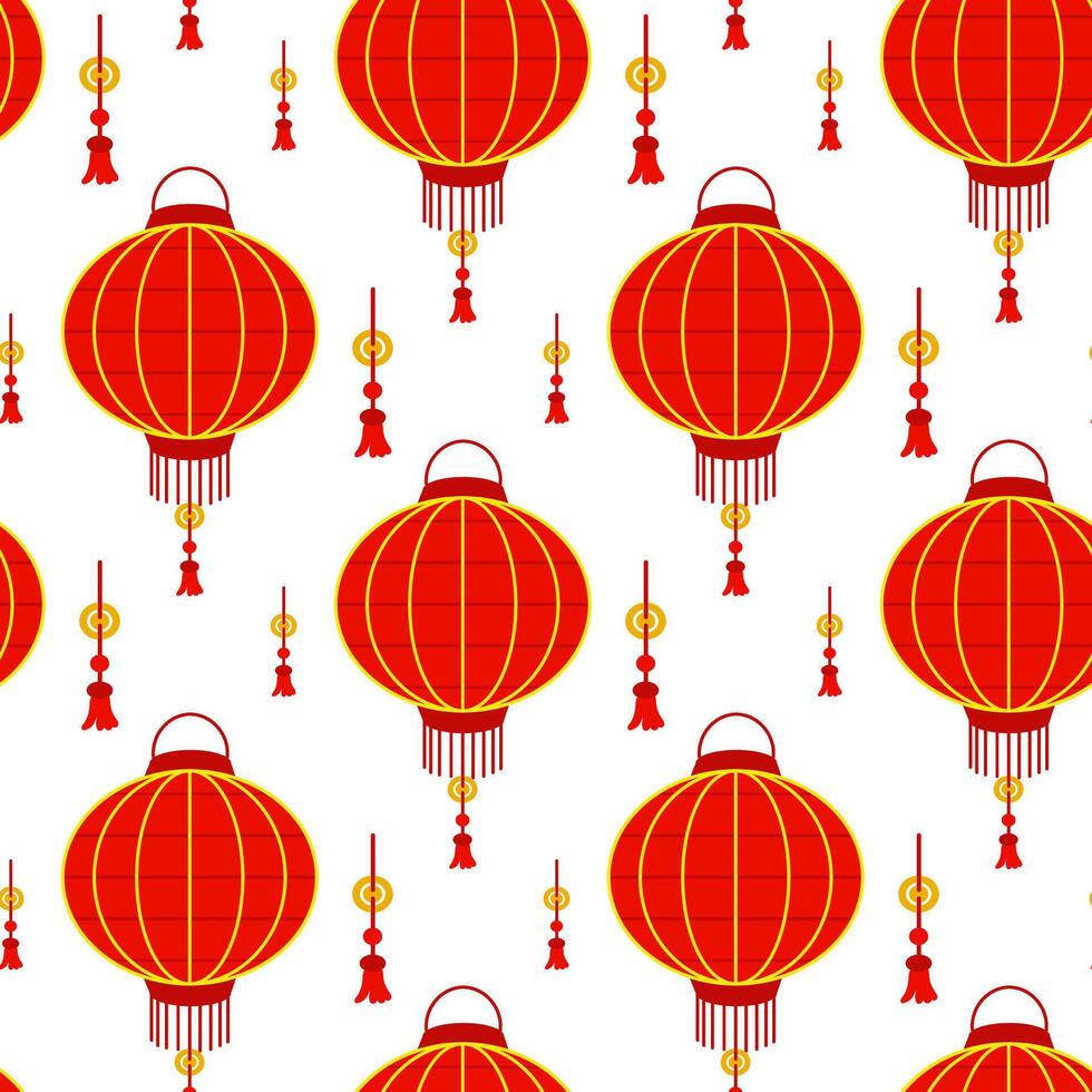 Pattern is a Chinese red paper lantern with tassels, reminiscent of cultural wealth and a festive atmosphere. A festive festival. Oval lanterns with amulets, tassels and gold. The Moon Festival vector