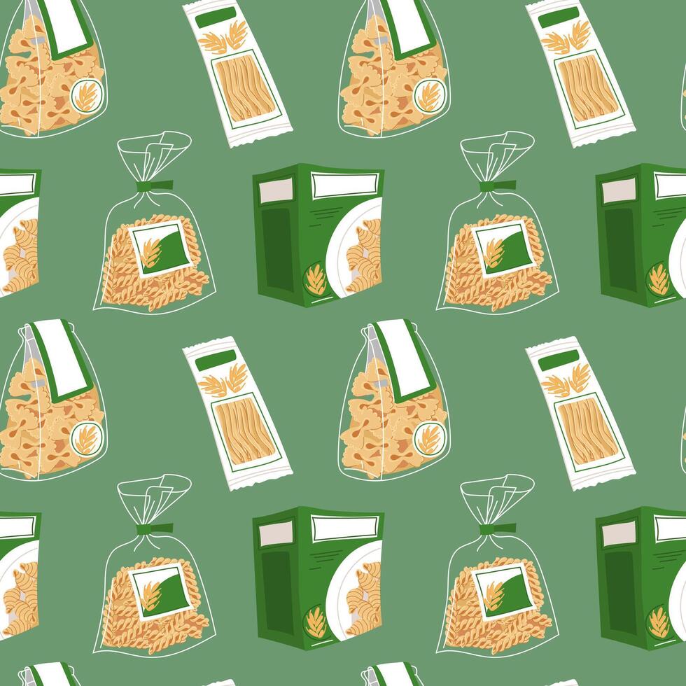 A pattern of Italian pasta packages. The paper box, plastic bags are transparent and white. Flat illustration for packaging. Culinary topics and food marketing. Seamless texture on green vector