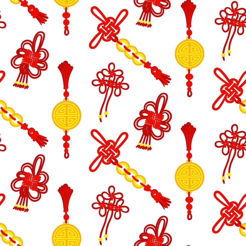 A pattern of red threads is tied into Chinese knots for good luck, amulets symbolizing prosperity. Threads, gold coins, amulets are scattered. Asian traditional materials in repetition vector