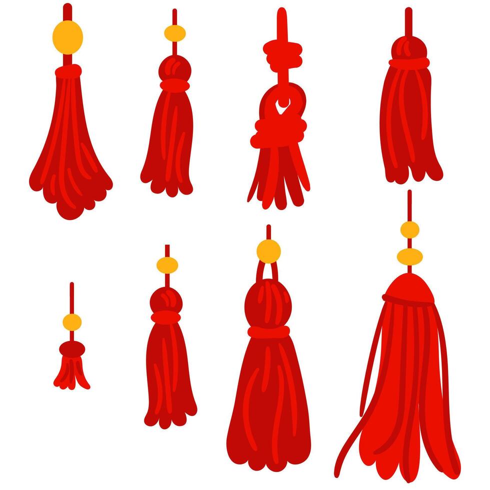A set of brushes with bright red threads that are ideal for needlework, DIY or textile design. Various shapes of tassels made of threads with gold beads. Isolated elements vector