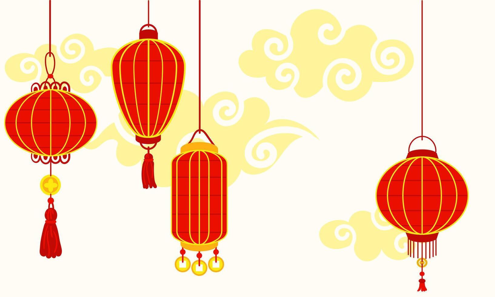 Chinese red paper lanterns hang in a row against of clouds, reminiscent of cultural wealth and a festive atmosphere. A festival for good luck. Festive themes, cultural presentations. Moon Festival vector