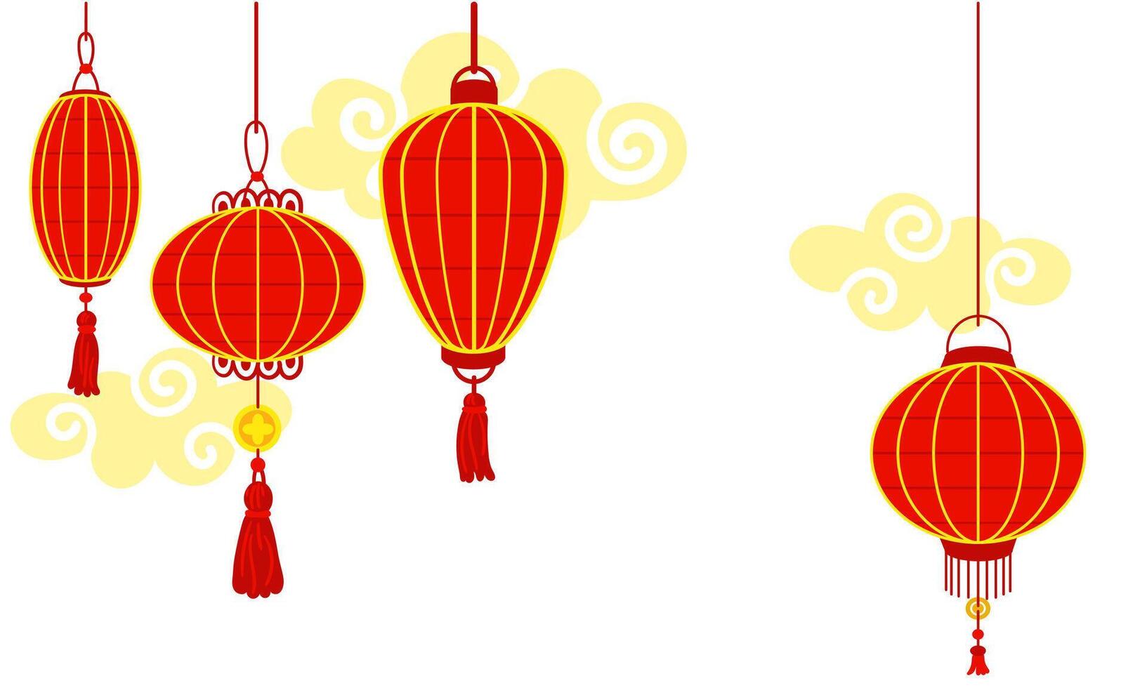 Chinese red paper lanterns hang in a row against a background of clouds, reminiscent of cultural wealth and a festive atmosphere. A festival for good luck. Festive themes, cultural presentations. Moon vector