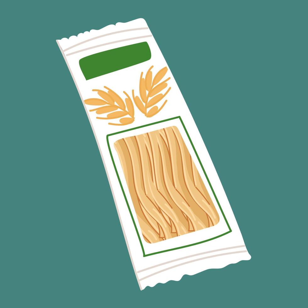 A flat illustration of a paste in a white packaged bag intended for storage. It is suitable for culinary topics and food marketing. Insulated packaging on blue inside with pasta vector