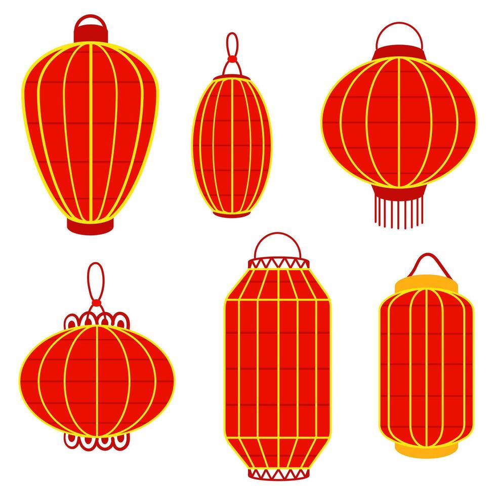 Set of Chinese red paper lanterns in a row, reminiscent of cultural wealth and festive atmosphere. A festival for good luck. Festive themes, cultural presentations, decorative purposes. Moon Festival vector