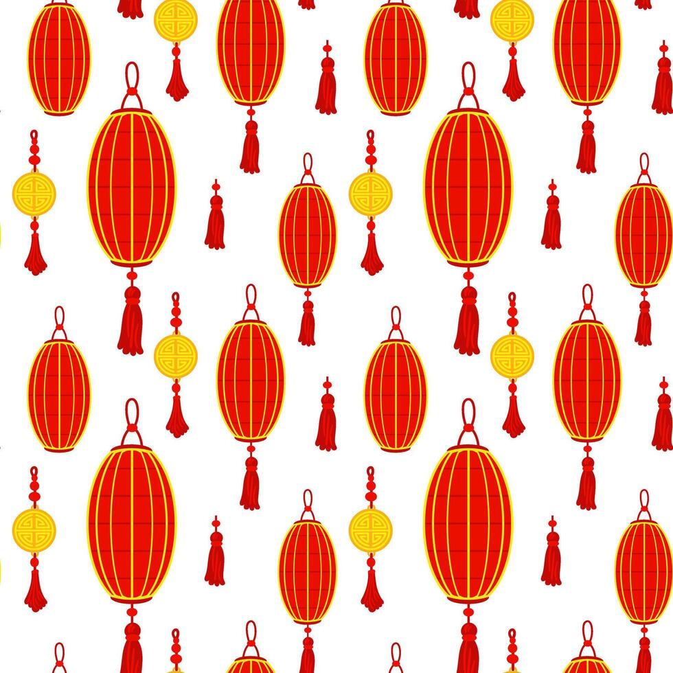 Pattern is a Chinese red paper lantern with golden amulets, reminiscent of cultural wealth and a festive atmosphere. A festive festival. A swollen lantern. Moon Festival. Seamless illustration vector