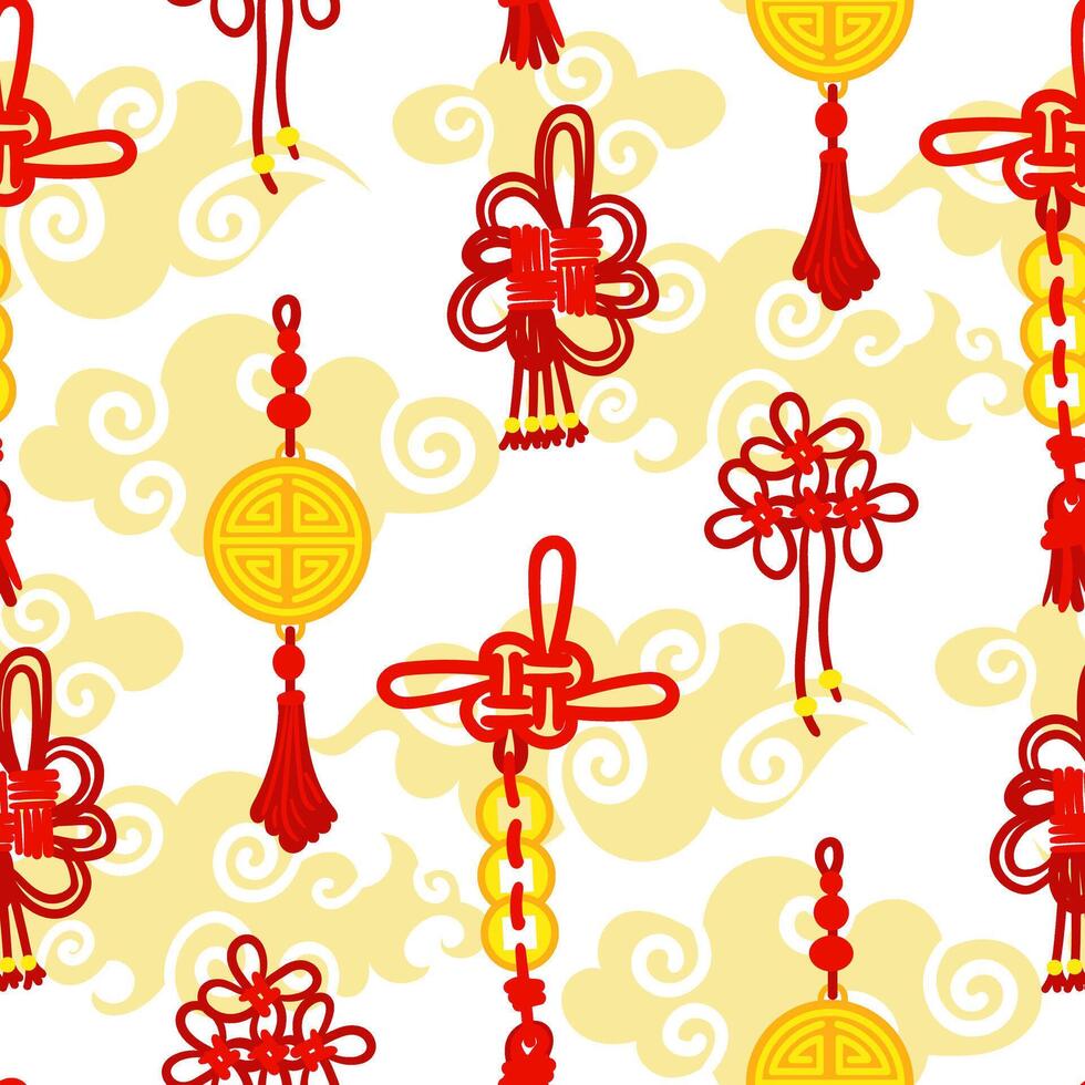 A pattern of red threads is tied into Chinese knots for good luck, amulets symbolizing prosperity with clouds. Threads, gold coins, amulets are scattered. Asian traditional materials in repetition vector
