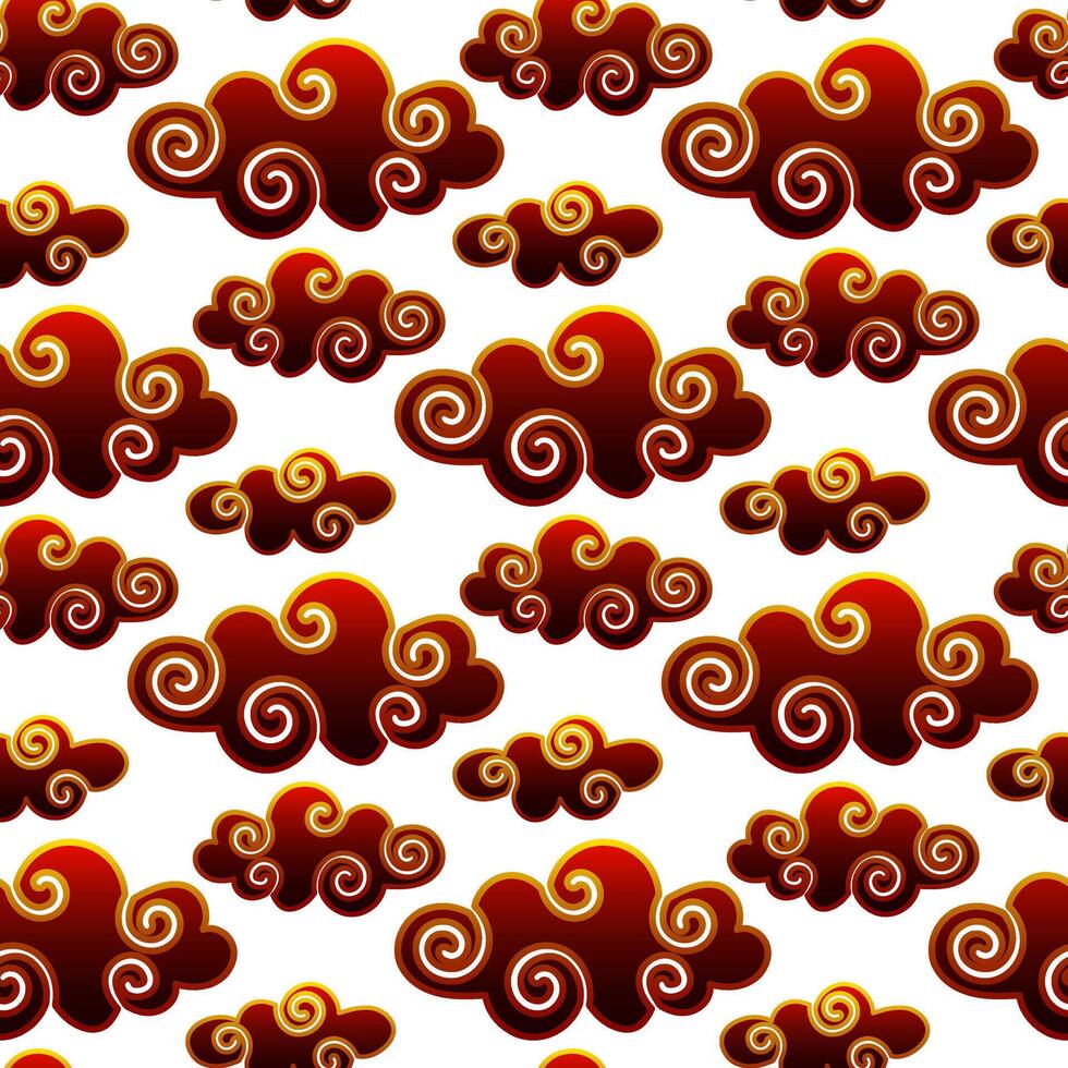 A pattern of red gradient Chinese clouds with a golden outline in a traditional Asian style. Bright clouds on a white background. Repetition of traditional Asian materials. Natural motifs vector