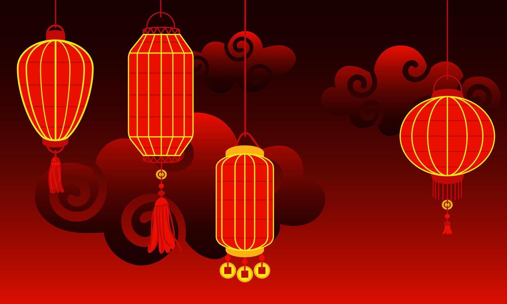 Chinese red paper lanterns hang in a row against a background of clouds at night red, reminding of cultural richness and festive atmosphere. Festive themes, cultural presentations. Moon Festival vector