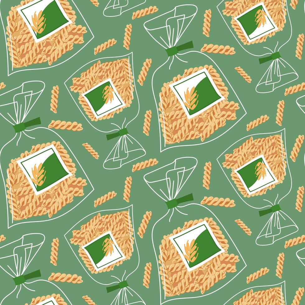 A spiral paste pattern in a transparent bag designed for storage. For culinary topics, food marketing. Flat illustration, seamless texture for product packaging. The paste is scattered on the green vector