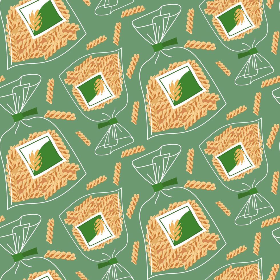 A spiral paste pattern in a transparent bag designed for storage. For culinary topics, food marketing. Flat illustration, seamless texture for product packaging. The paste is scattered on the green vector