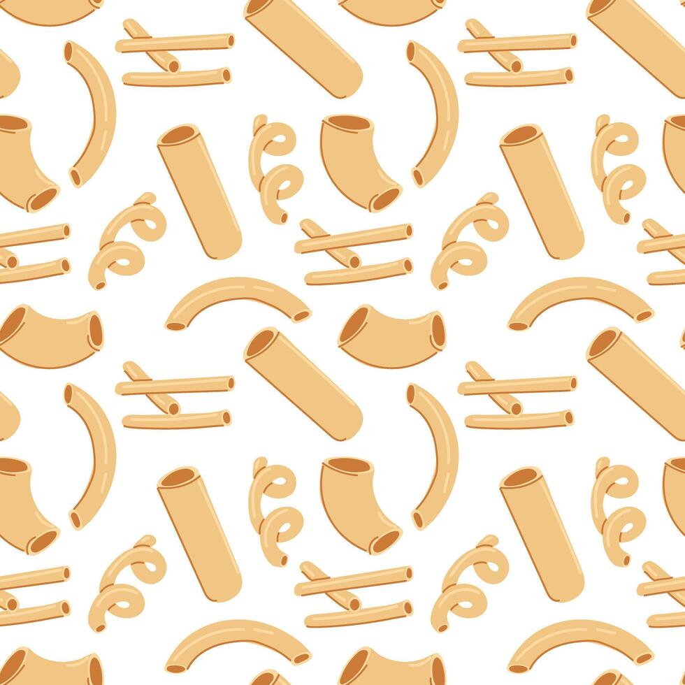Pattern of different types of pasta. Sticks are hollow, which is ideal for decoration on culinary themes inspired by Italian cuisine. Seamless texture of several variants of Italian types flour pasta vector
