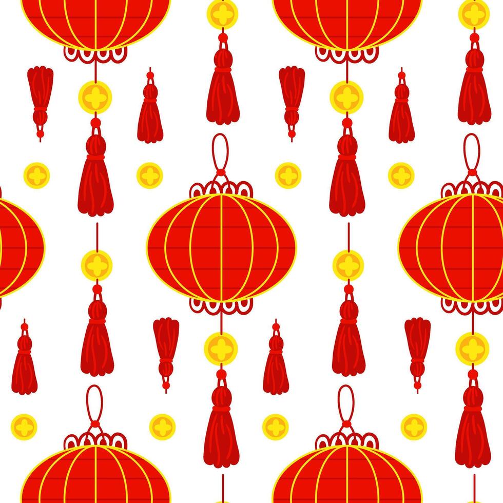 Pattern is a Chinese red paper lantern with tassels, reminiscent of cultural wealth and a festive atmosphere. A festive festival. Oval lanterns with amulets and cysts. The Moon Festival. illustration vector