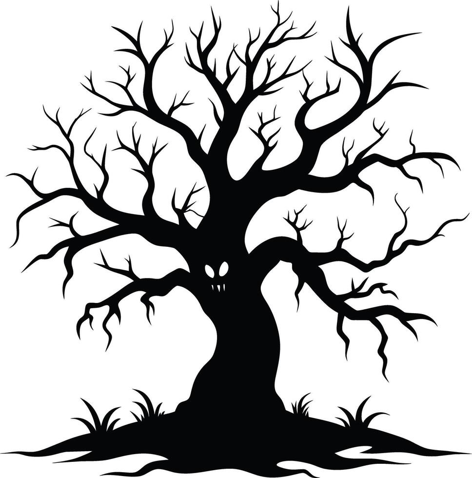 Halloween tree silhouette with scary face illustration vector