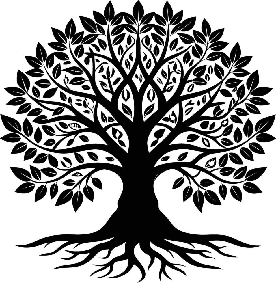 A black and white tree silhouette with roots and leaves vector