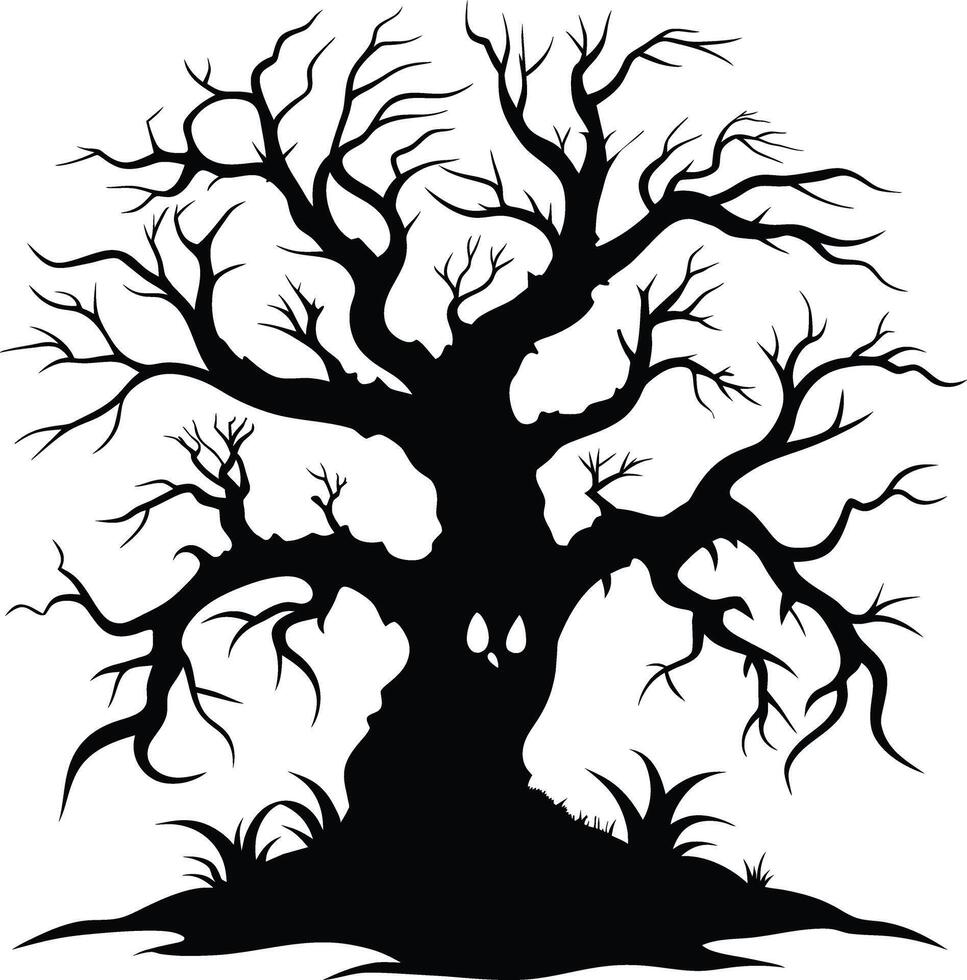 Halloween tree silhouette with scary face illustration vector