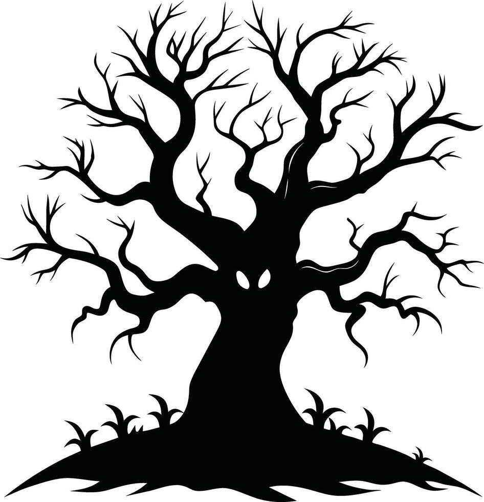 Halloween tree silhouette with scary face illustration vector