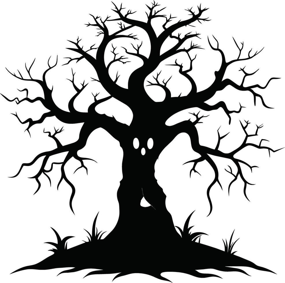 Halloween tree silhouette with scary face illustration vector
