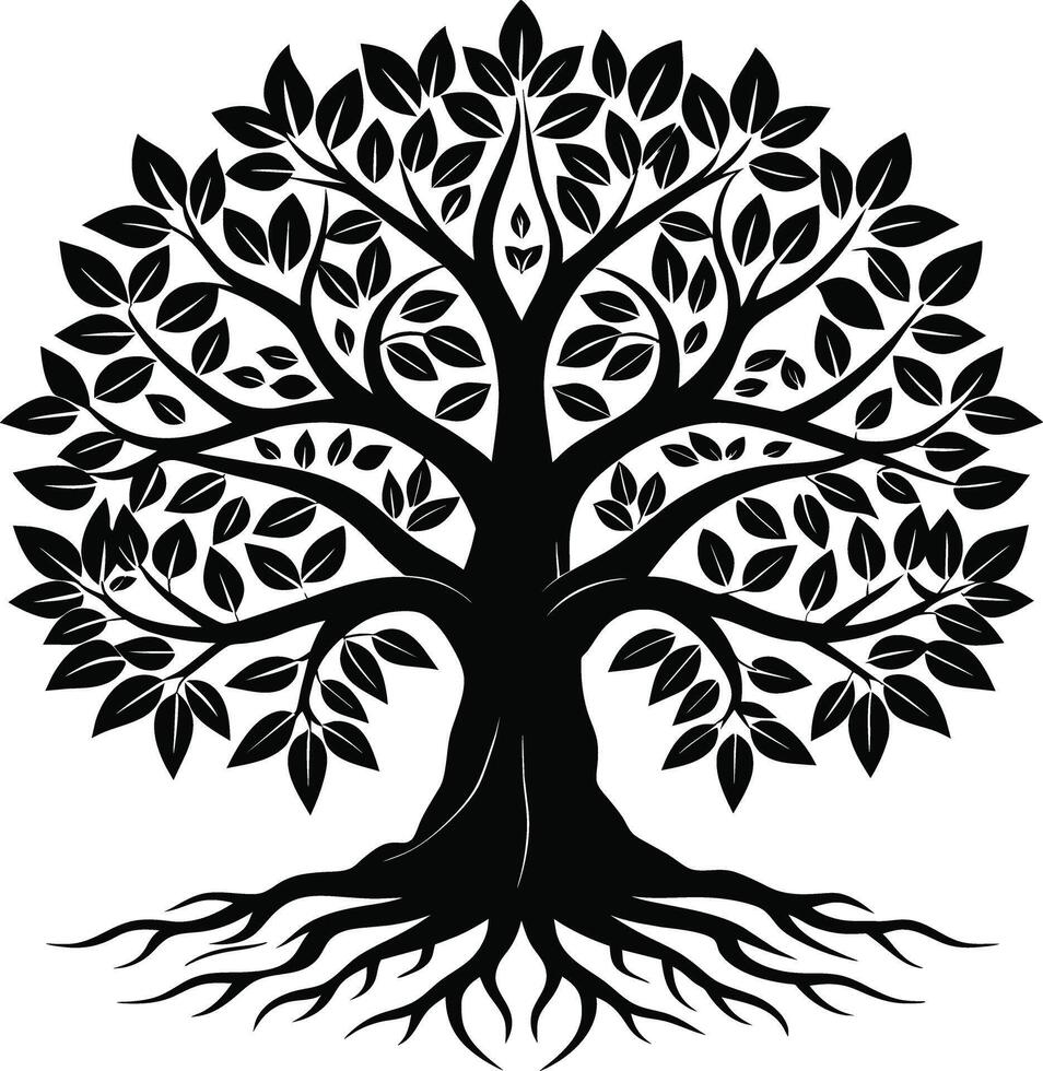 A black and white tree silhouette with roots and leaves vector