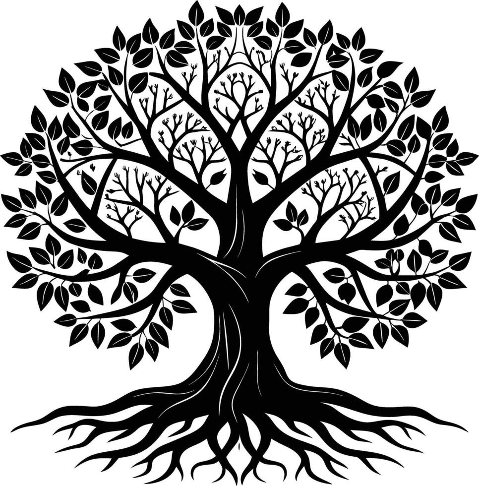 A black and white tree silhouette with roots and leaves vector