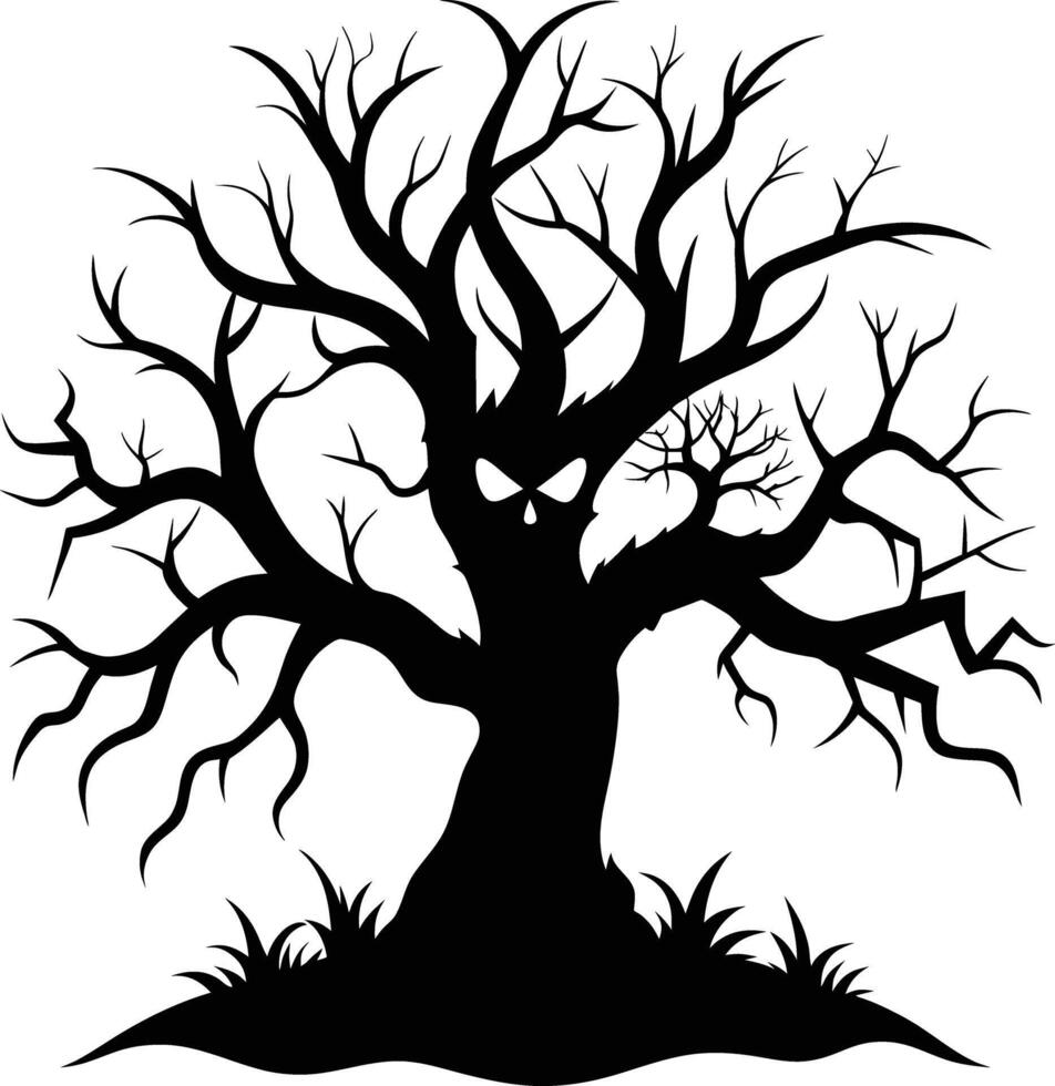 Halloween tree silhouette with scary face illustration vector