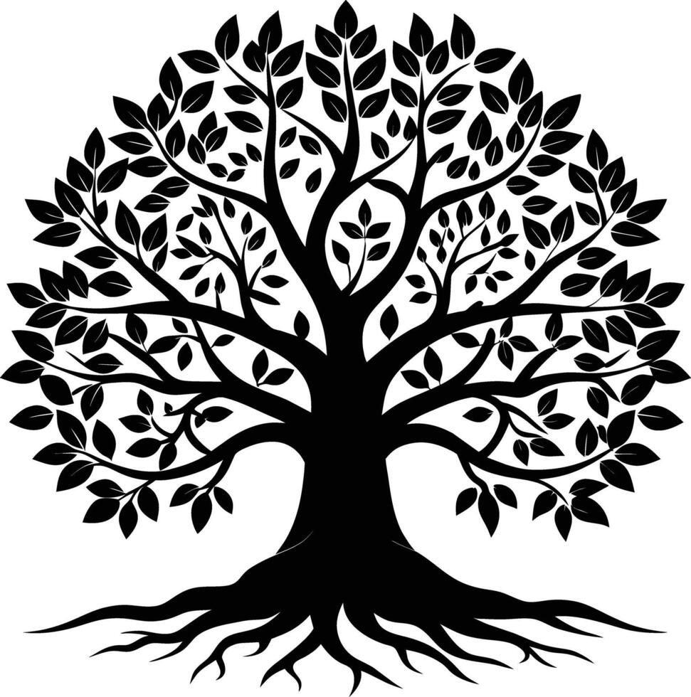 A black and white tree silhouette with roots and leaves vector