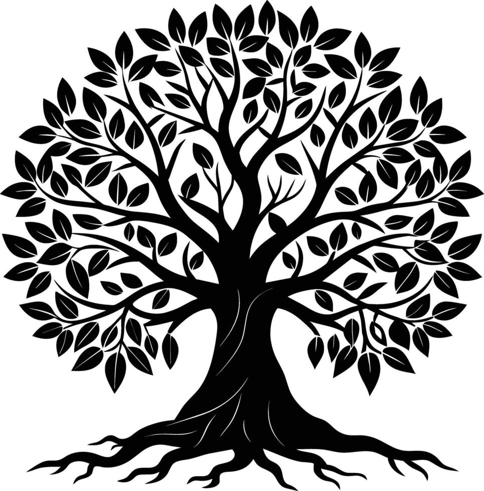 A black and white tree silhouette with roots and leaves vector