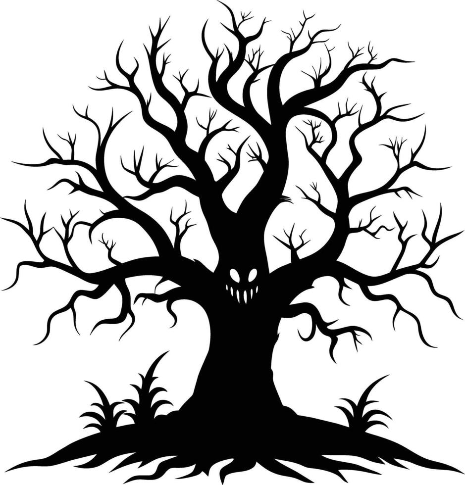 Halloween tree silhouette with scary face illustration vector