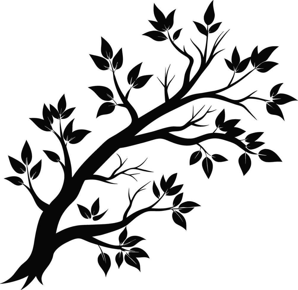 A black and white silhouette of a tree branch with leaves vector