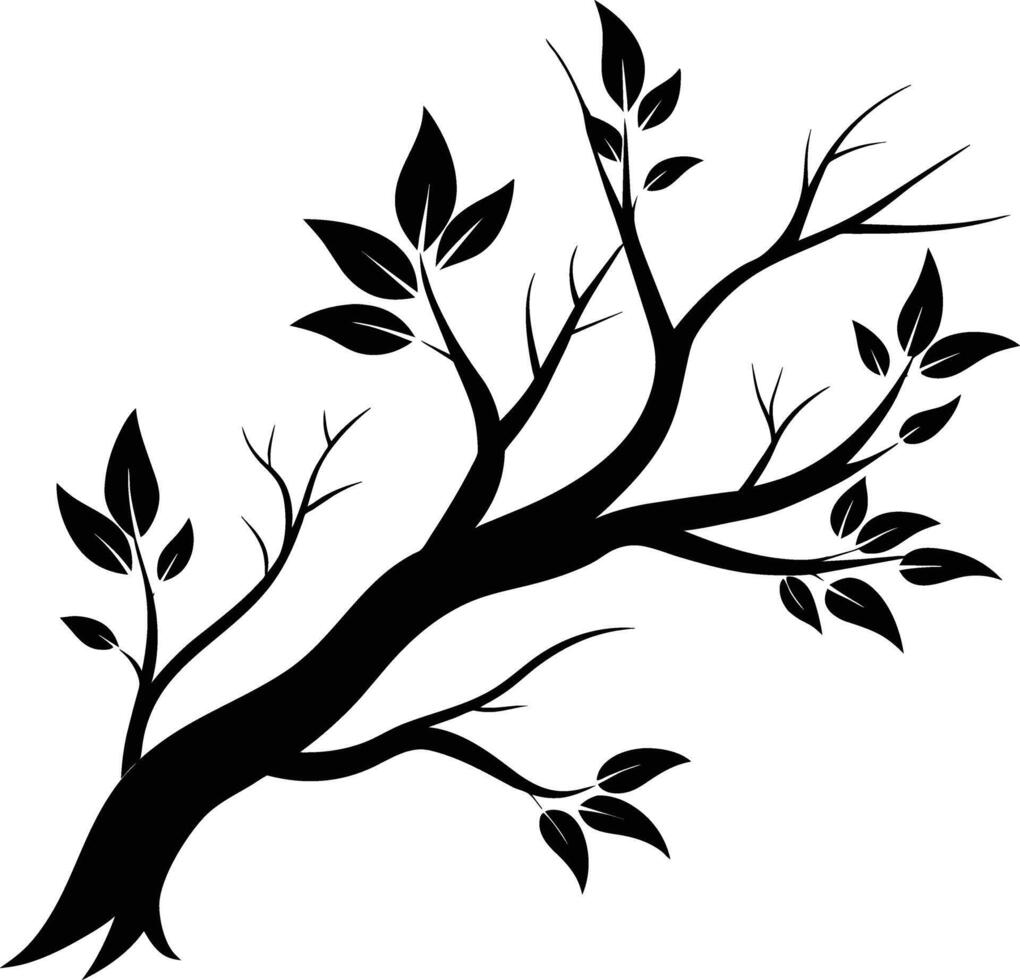 A black and white silhouette of a tree branch with leaves vector