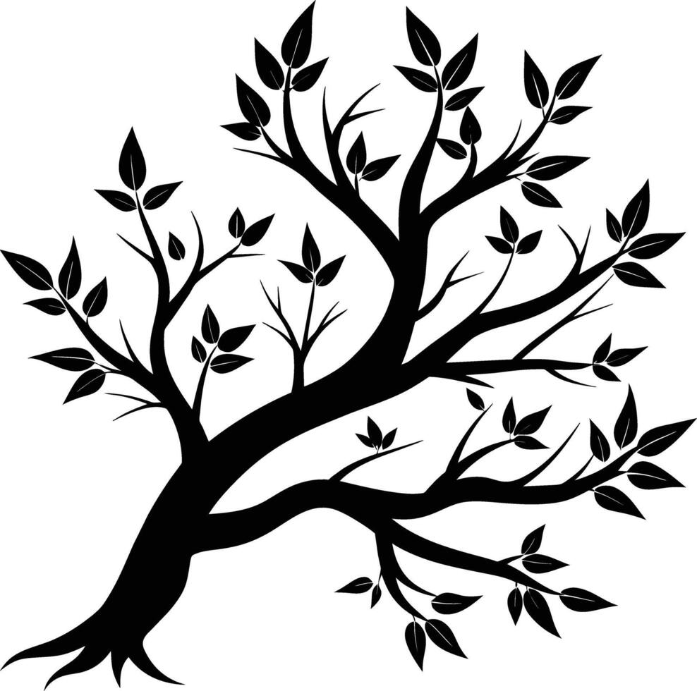 A black and white silhouette of a tree branch with leaves vector